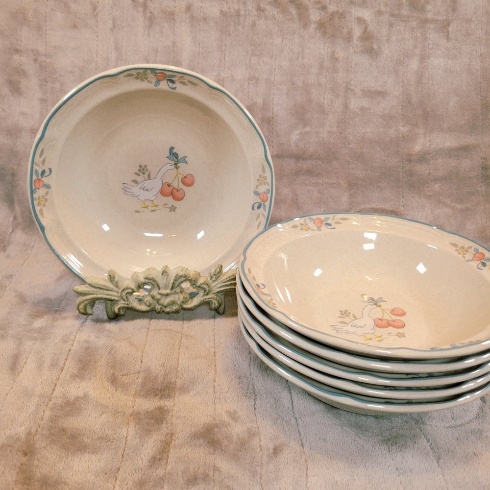 Six International Tableworks Marmalade Soup Cereal Bowls Cream Blue Goose 7.5"